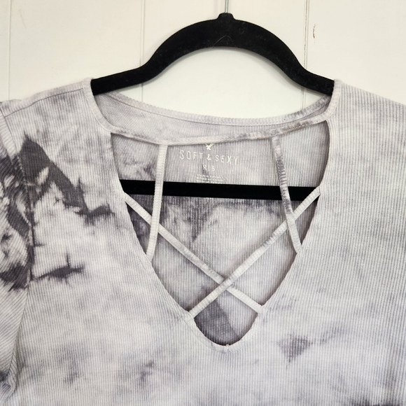 American Eagle Soft & Sexy Ribbed Black White Tie-Dye T-Shirt Strappy y2l 2000s - Picture 3 of 8
